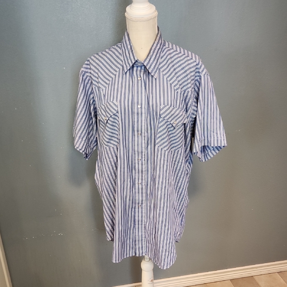 Western Rubbock Pinstripe Short Sleeve Pearl Snap Shirt USA Union Made Cowboy
